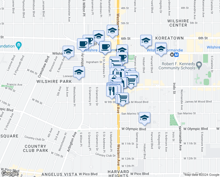 map of restaurants, bars, coffee shops, grocery stores, and more near 816 South Saint Andrews Place in Los Angeles