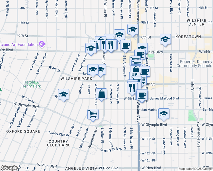 map of restaurants, bars, coffee shops, grocery stores, and more near 820 South Wilton Place in Los Angeles
