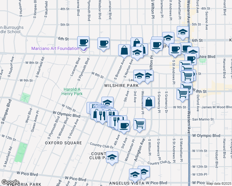 map of restaurants, bars, coffee shops, grocery stores, and more near 824 South Norton Avenue in Los Angeles