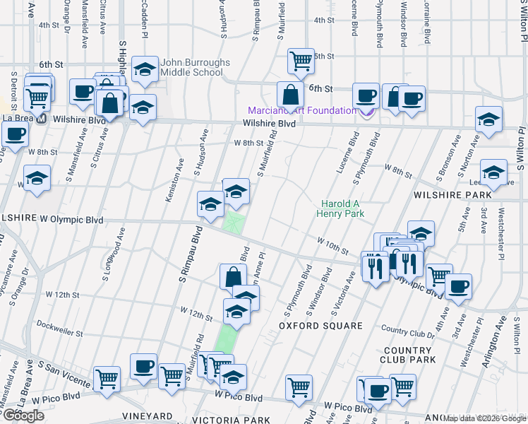map of restaurants, bars, coffee shops, grocery stores, and more near 960 South Muirfield Road in Los Angeles
