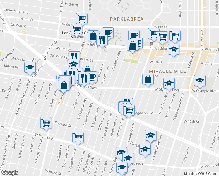map of restaurants, bars, coffee shops, grocery stores, and more near 5831 West Olympic Boulevard in Los Angeles