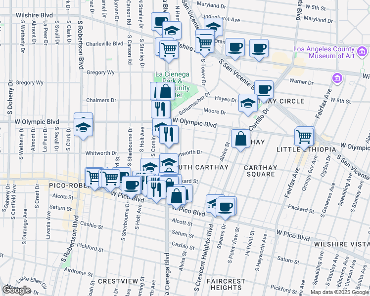 map of restaurants, bars, coffee shops, grocery stores, and more near 1059 South Orlando Avenue in Los Angeles