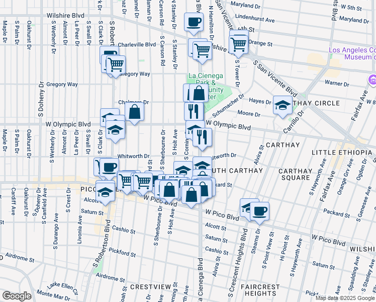 map of restaurants, bars, coffee shops, grocery stores, and more near 1060 South Corning Street in Los Angeles