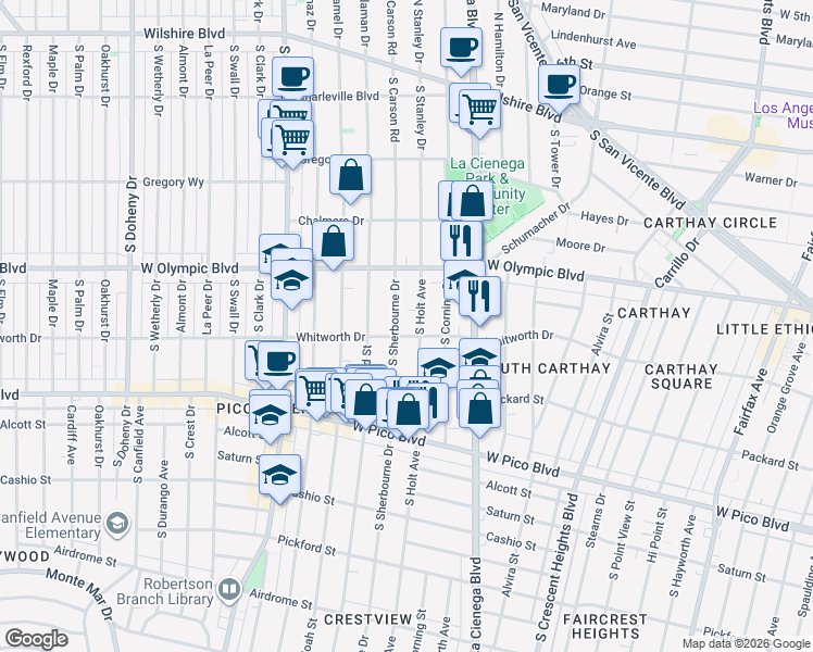 map of restaurants, bars, coffee shops, grocery stores, and more near 1059 South Holt Avenue in Los Angeles