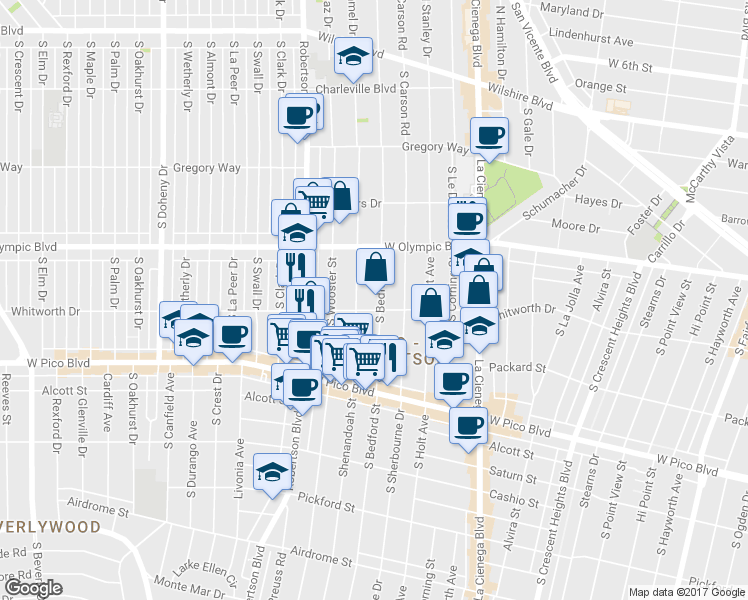 map of restaurants, bars, coffee shops, grocery stores, and more near 1064 South Bedford Street in Los Angeles