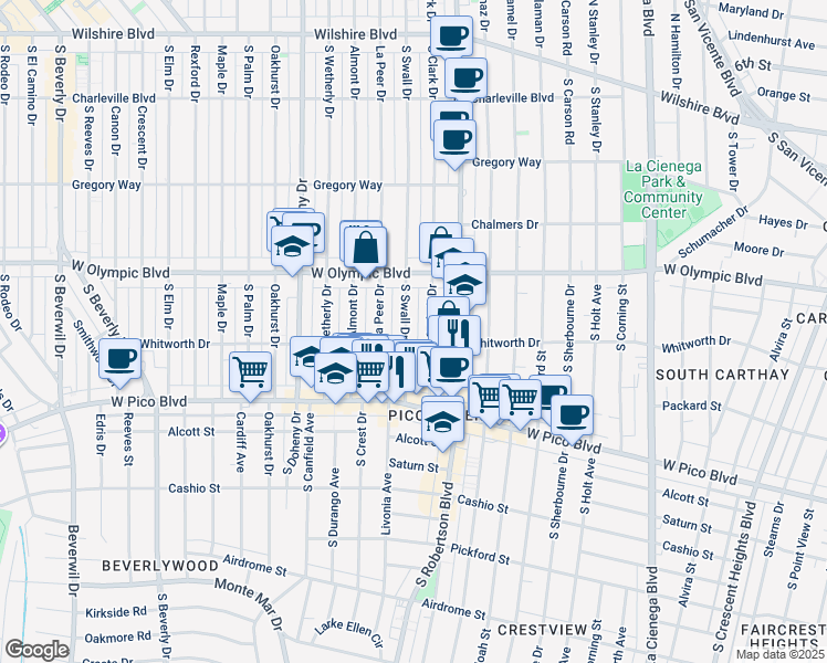 map of restaurants, bars, coffee shops, grocery stores, and more near 465 South Swall Drive in Beverly Hills
