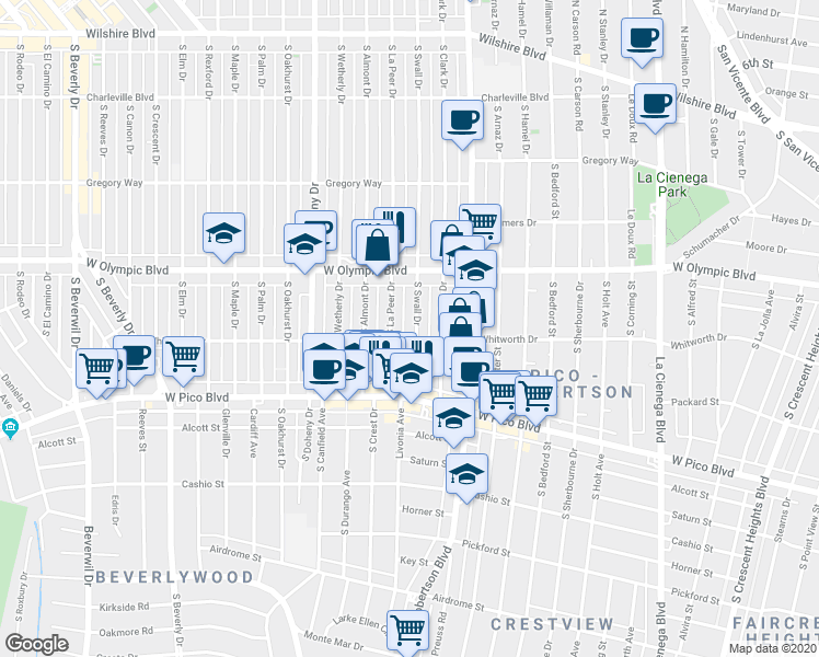 map of restaurants, bars, coffee shops, grocery stores, and more near 465 South Swall Drive in Beverly Hills