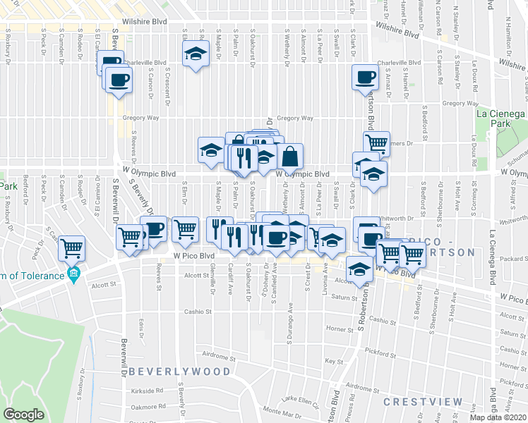 map of restaurants, bars, coffee shops, grocery stores, and more near 454 South Oakhurst Drive in Beverly Hills