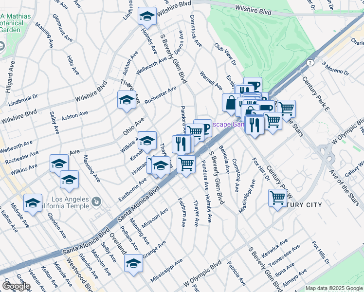 map of restaurants, bars, coffee shops, grocery stores, and more near 10465 Eastborne Avenue in Los Angeles