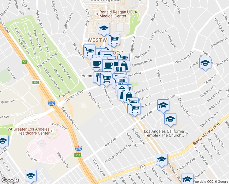 map of restaurants, bars, coffee shops, grocery stores, and more near 10933 Ashton Avenue in Los Angeles