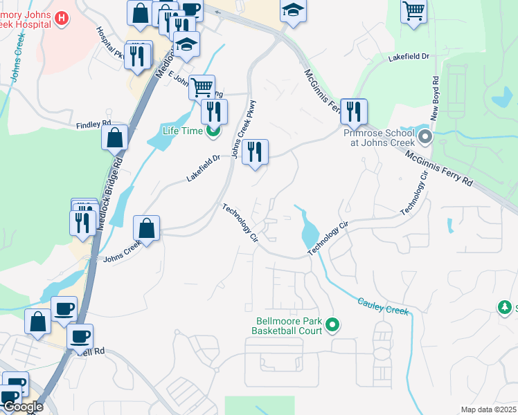 map of restaurants, bars, coffee shops, grocery stores, and more near 204 Holsten Ln in Johns Creek