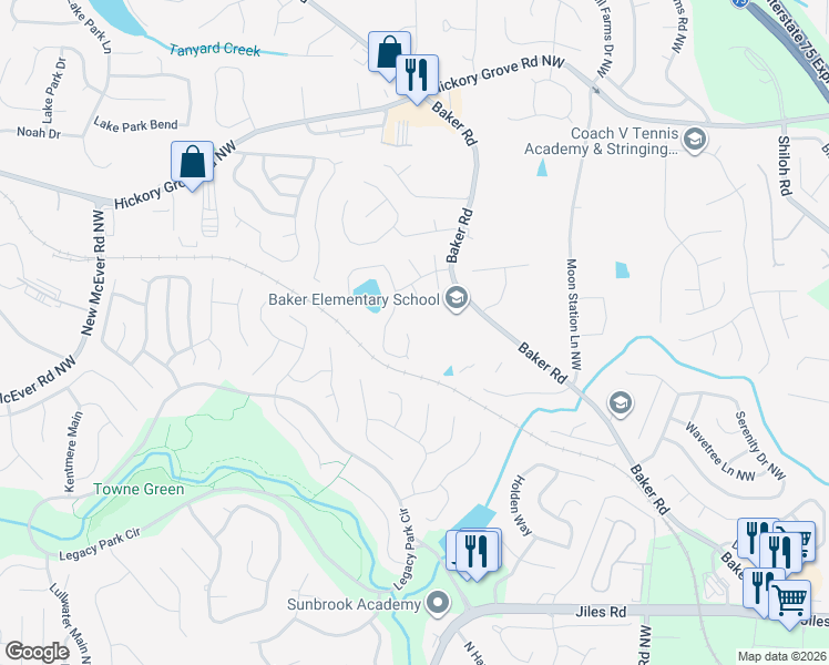 map of restaurants, bars, coffee shops, grocery stores, and more near 4303 Clairesbrook Lane in Acworth
