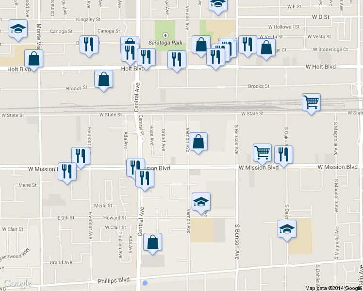 map of restaurants, bars, coffee shops, grocery stores, and more near 10822 Vernon Avenue in Ontario