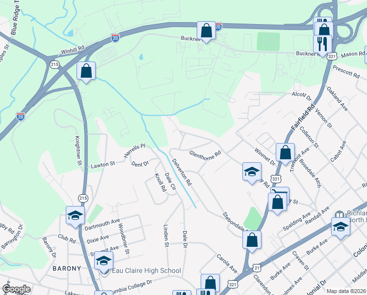 map of restaurants, bars, coffee shops, grocery stores, and more near 659 Delverton Road in Columbia