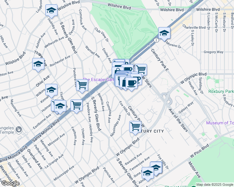 map of restaurants, bars, coffee shops, grocery stores, and more near 1858 Fox Hills Drive in Los Angeles