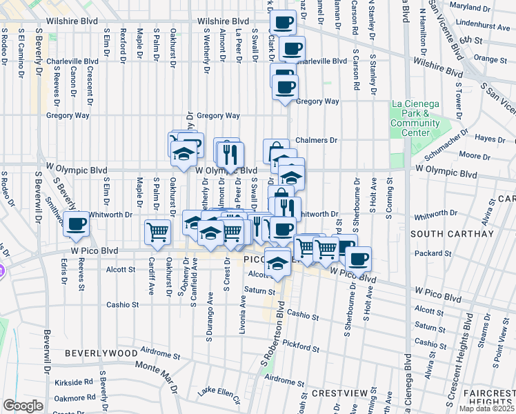 map of restaurants, bars, coffee shops, grocery stores, and more near 466 South Swall Drive in Beverly Hills