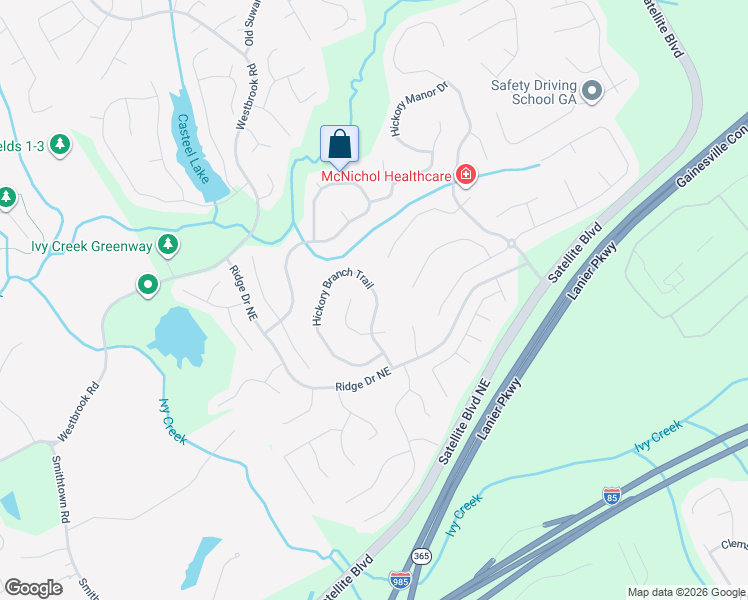 map of restaurants, bars, coffee shops, grocery stores, and more near 3580 Hickory Branch Trail in Suwanee