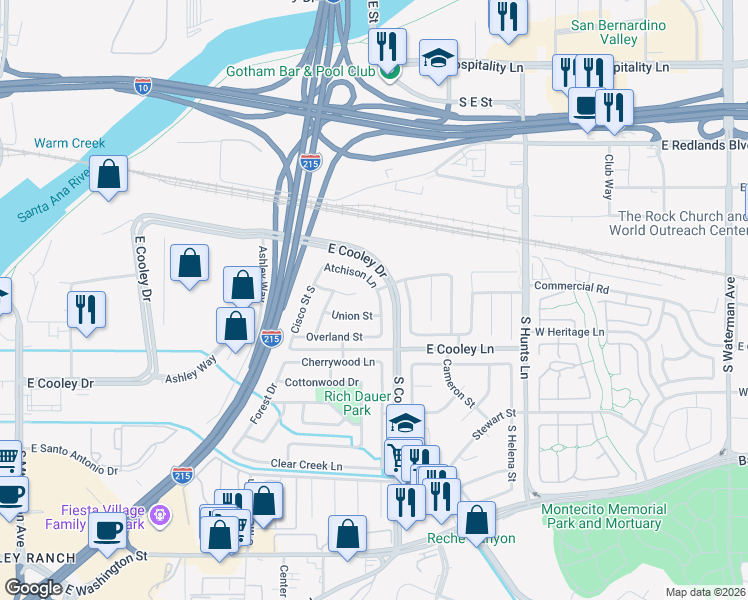 map of restaurants, bars, coffee shops, grocery stores, and more near 799 Atchison Street in Colton