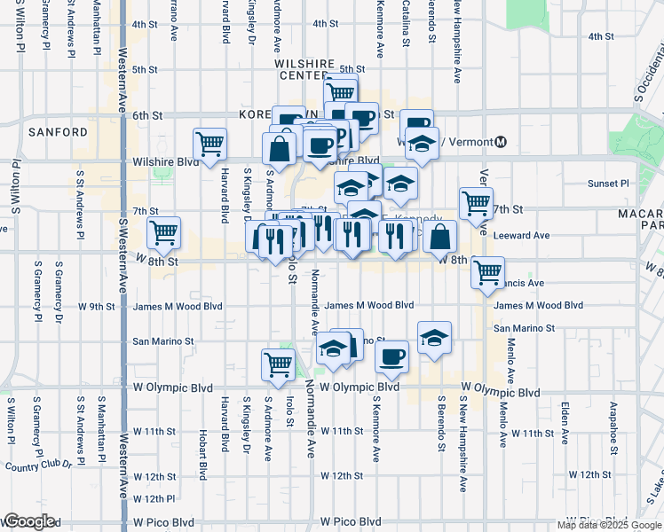 map of restaurants, bars, coffee shops, grocery stores, and more near 3242 West 8th Street in Los Angeles
