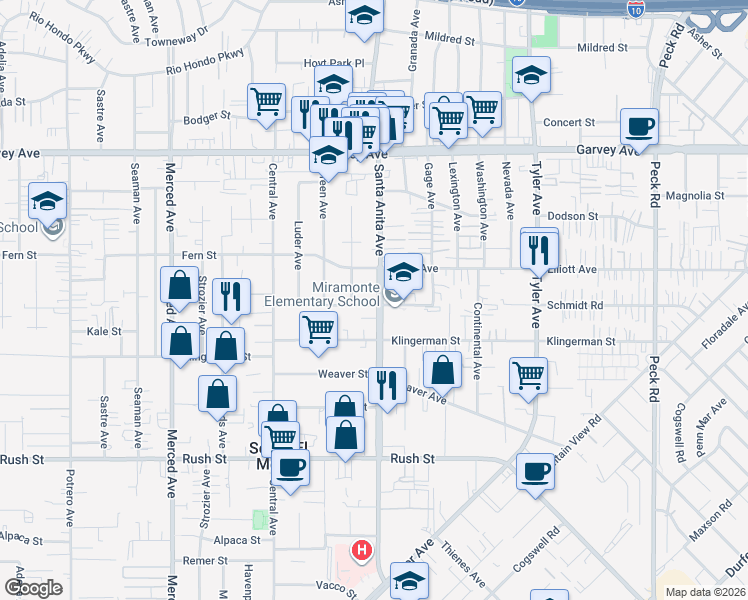 map of restaurants, bars, coffee shops, grocery stores, and more near 2505 Santa Anita Avenue in South El Monte