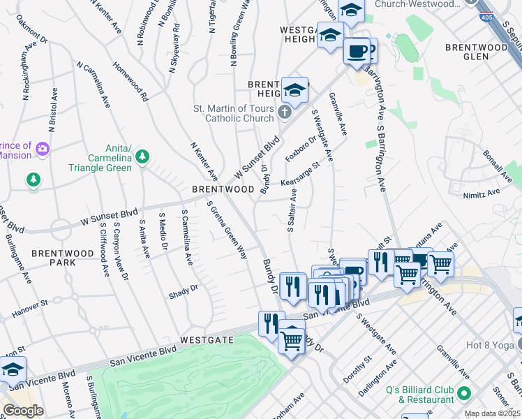 map of restaurants, bars, coffee shops, grocery stores, and more near 310 South Bundy Drive in Los Angeles