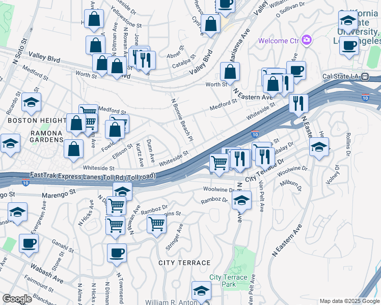 map of restaurants, bars, coffee shops, grocery stores, and more near 3844 Whiteside Street in Los Angeles