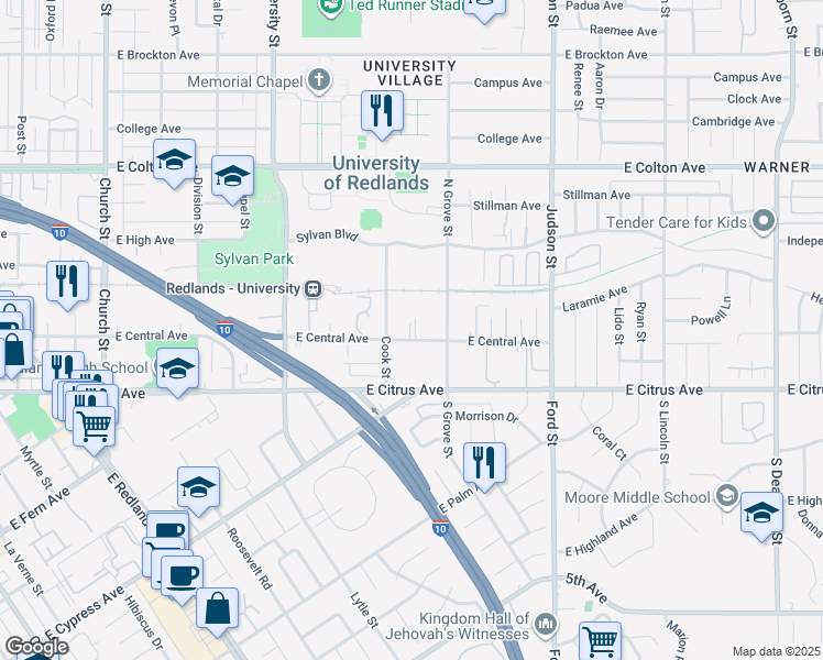map of restaurants, bars, coffee shops, grocery stores, and more near 1209 East Central Avenue in Redlands