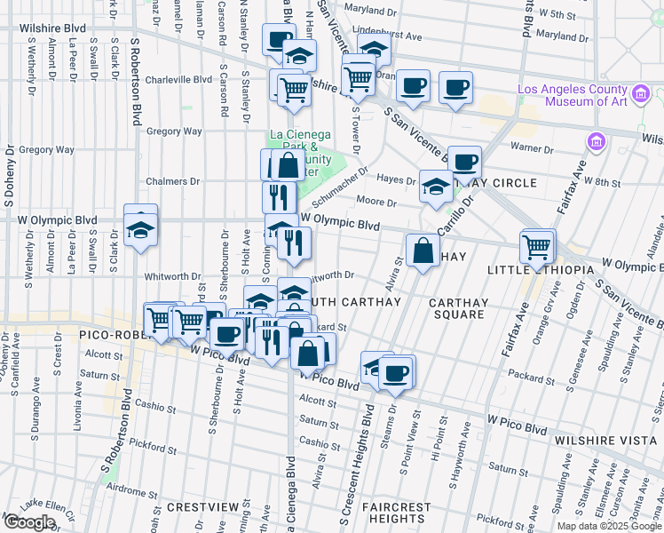 map of restaurants, bars, coffee shops, grocery stores, and more near 1059 South Orlando Avenue in Los Angeles