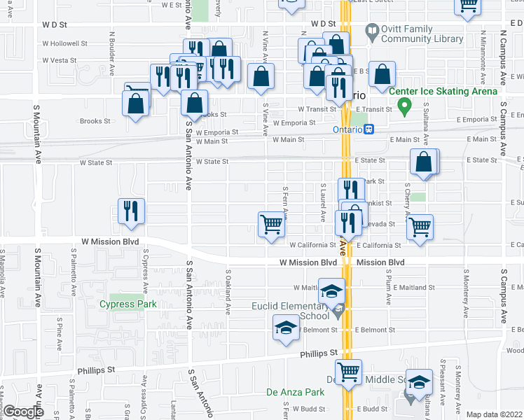 map of restaurants, bars, coffee shops, grocery stores, and more near 610 South Vine Avenue in Ontario