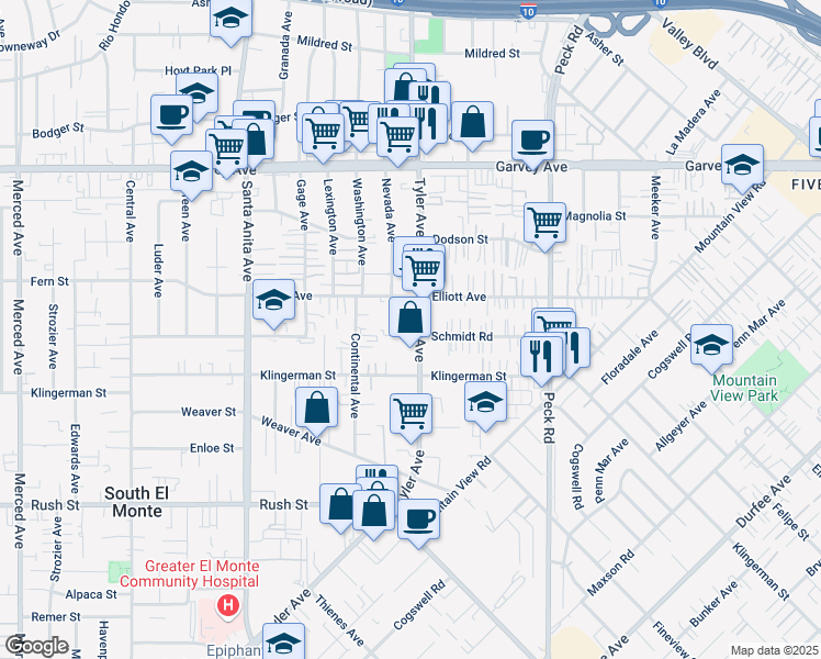 map of restaurants, bars, coffee shops, grocery stores, and more near 10949 Schmidt Road in El Monte