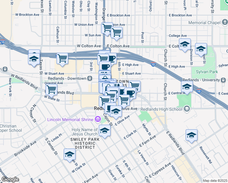 map of restaurants, bars, coffee shops, grocery stores, and more near 108 5th Street in Redlands