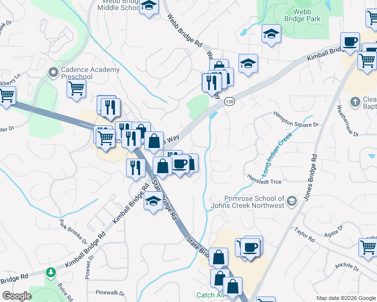map of restaurants, bars, coffee shops, grocery stores, and more near 125 Brookhollow Trce in Alpharetta