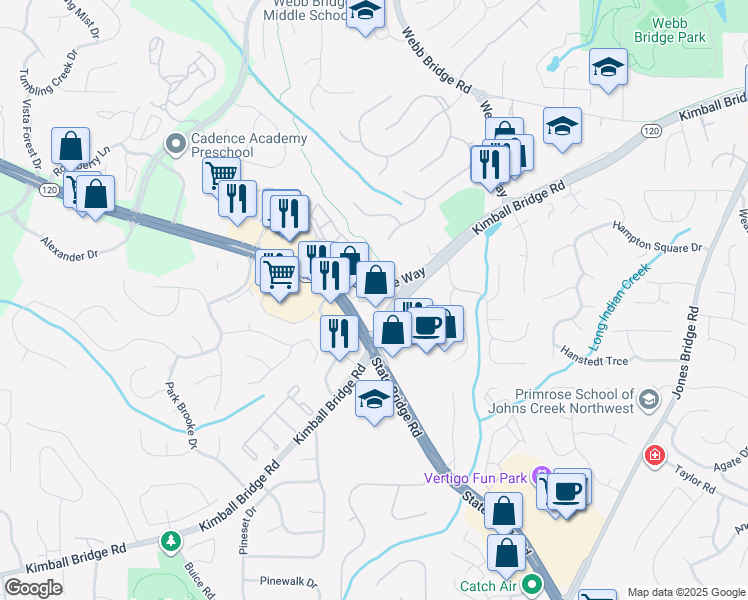map of restaurants, bars, coffee shops, grocery stores, and more near 4400 Kimball Bridge Road in Alpharetta