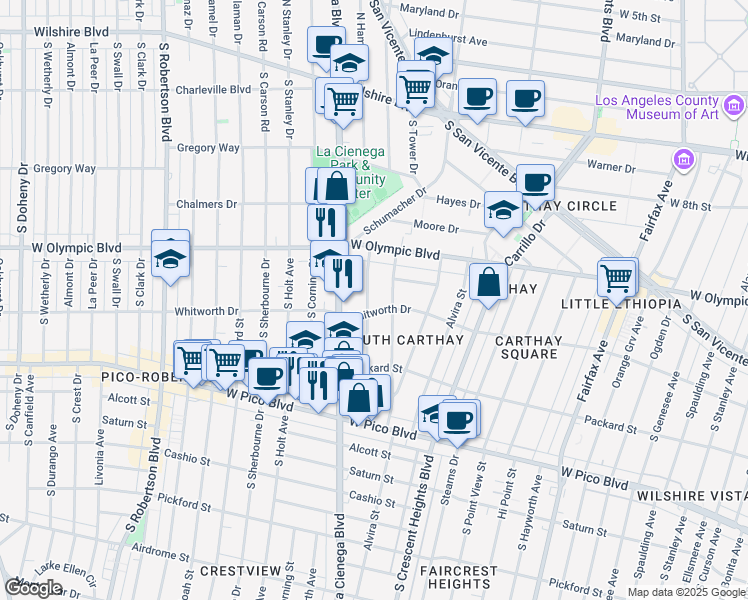 map of restaurants, bars, coffee shops, grocery stores, and more near 1059 South Orlando Avenue in Los Angeles