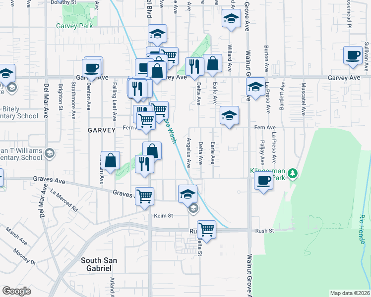 map of restaurants, bars, coffee shops, grocery stores, and more near 2515 Angelus Avenue in Rosemead