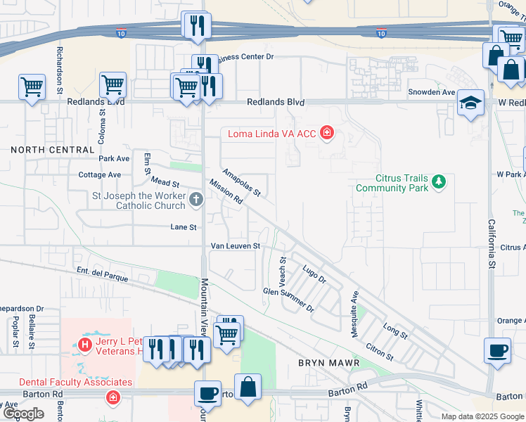 map of restaurants, bars, coffee shops, grocery stores, and more near 25862 Mission Road in Loma Linda