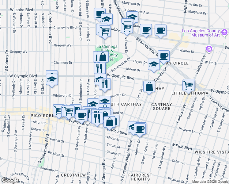 map of restaurants, bars, coffee shops, grocery stores, and more near South Alfred Street in Los Angeles