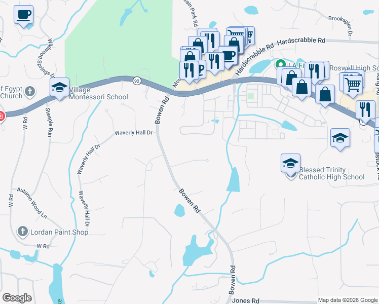 map of restaurants, bars, coffee shops, grocery stores, and more near 2020 Stonehedge Road in Roswell