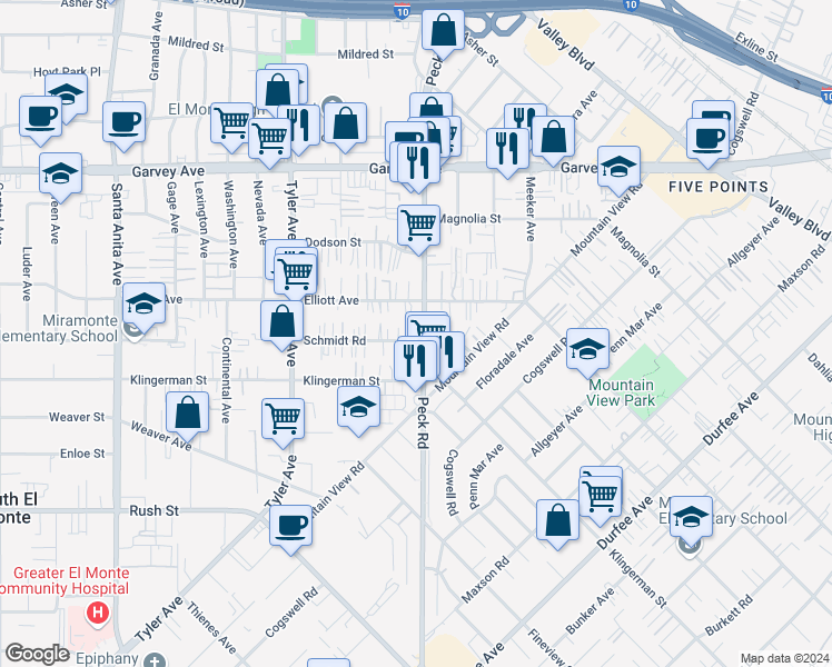 map of restaurants, bars, coffee shops, grocery stores, and more near 11243 Schmidt Road in El Monte
