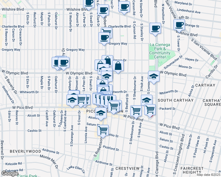 map of restaurants, bars, coffee shops, grocery stores, and more near 1059 South Wooster Street in Los Angeles