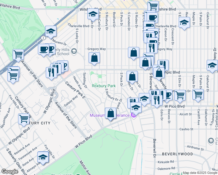 map of restaurants, bars, coffee shops, grocery stores, and more near 468 South Roxbury Drive in Beverly Hills