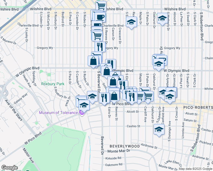 map of restaurants, bars, coffee shops, grocery stores, and more near 458 Smithwood Drive in Beverly Hills