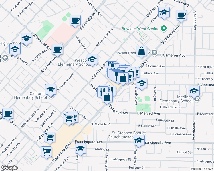 map of restaurants, bars, coffee shops, grocery stores, and more near 1026 Sandy Hook Street South in West Covina