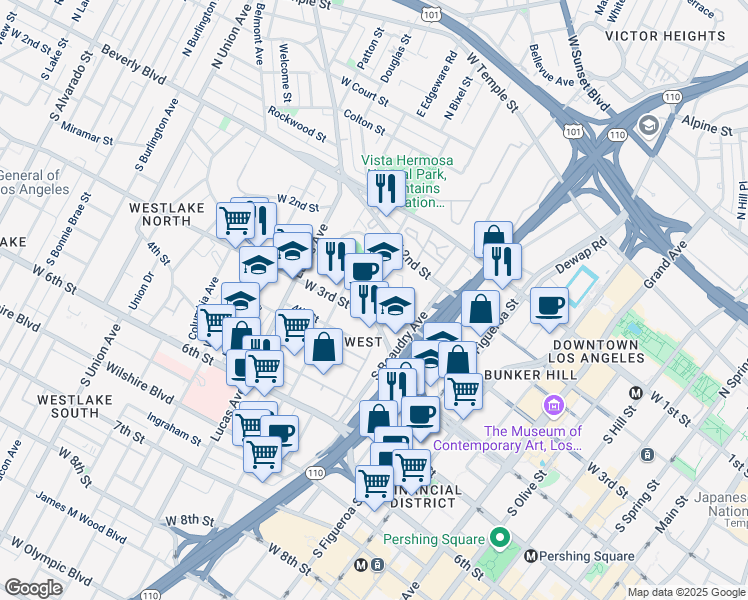 map of restaurants, bars, coffee shops, grocery stores, and more near 1221 West 3rd Street in Los Angeles