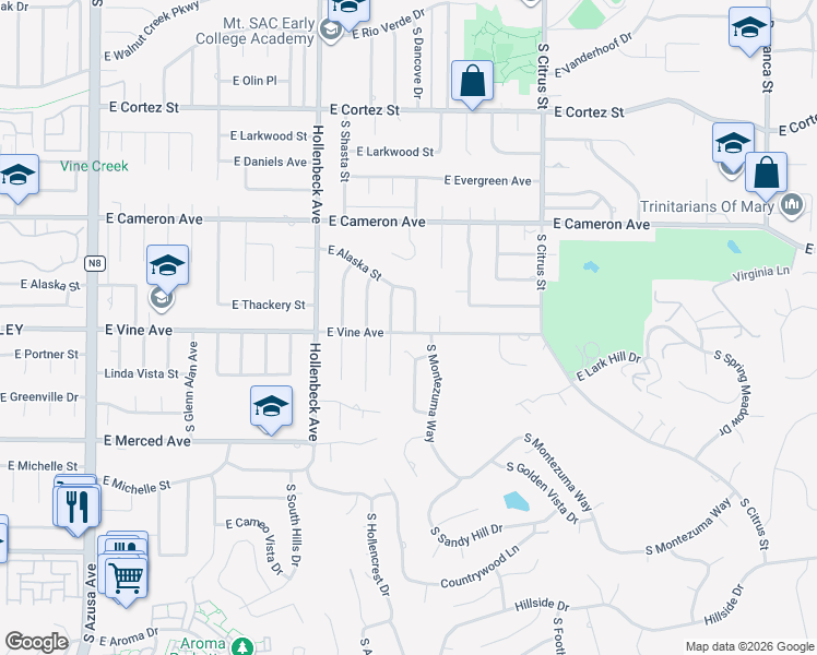 map of restaurants, bars, coffee shops, grocery stores, and more near 945 South Manzanita Drive in West Covina