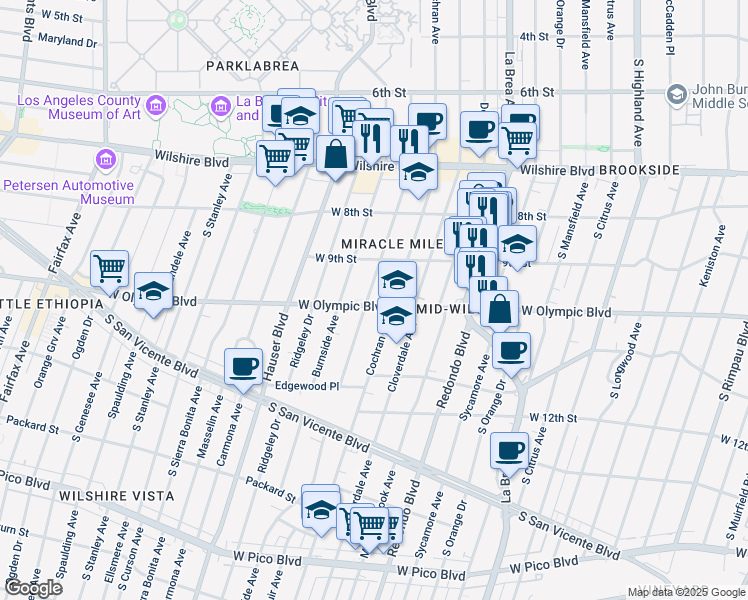 map of restaurants, bars, coffee shops, grocery stores, and more near 5525 West Olympic Boulevard in Los Angeles