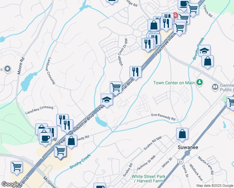 map of restaurants, bars, coffee shops, grocery stores, and more near 760 Peachtree Industrial Boulevard in Suwanee