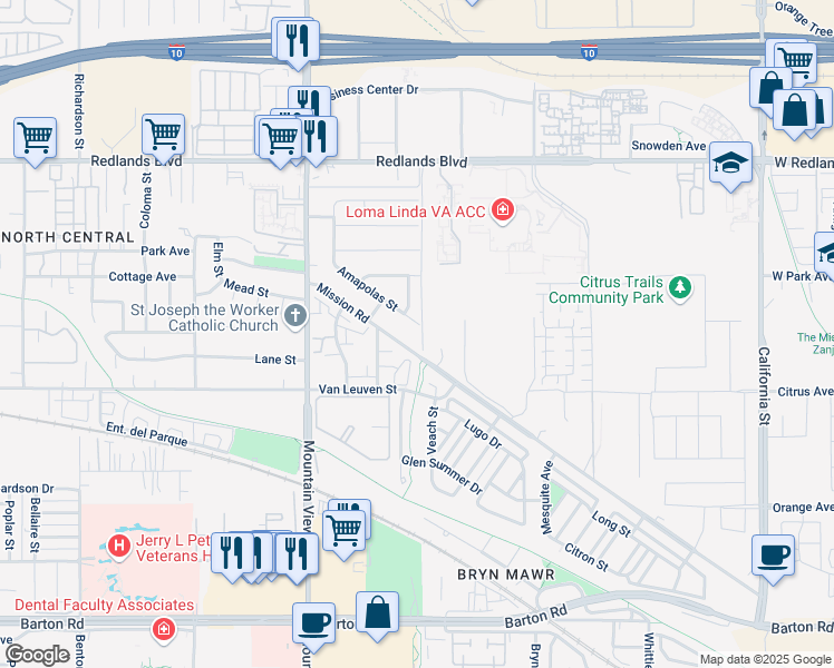map of restaurants, bars, coffee shops, grocery stores, and more near 25899 Amapolas Street in Loma Linda