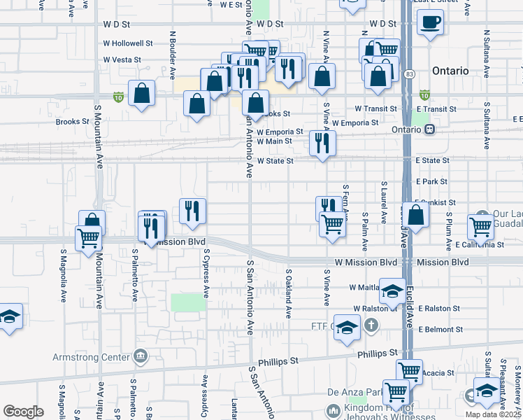 map of restaurants, bars, coffee shops, grocery stores, and more near 641 West Sunkist Street in Ontario