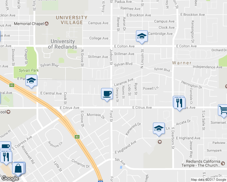 map of restaurants, bars, coffee shops, grocery stores, and more near 220 Judson Street in Redlands